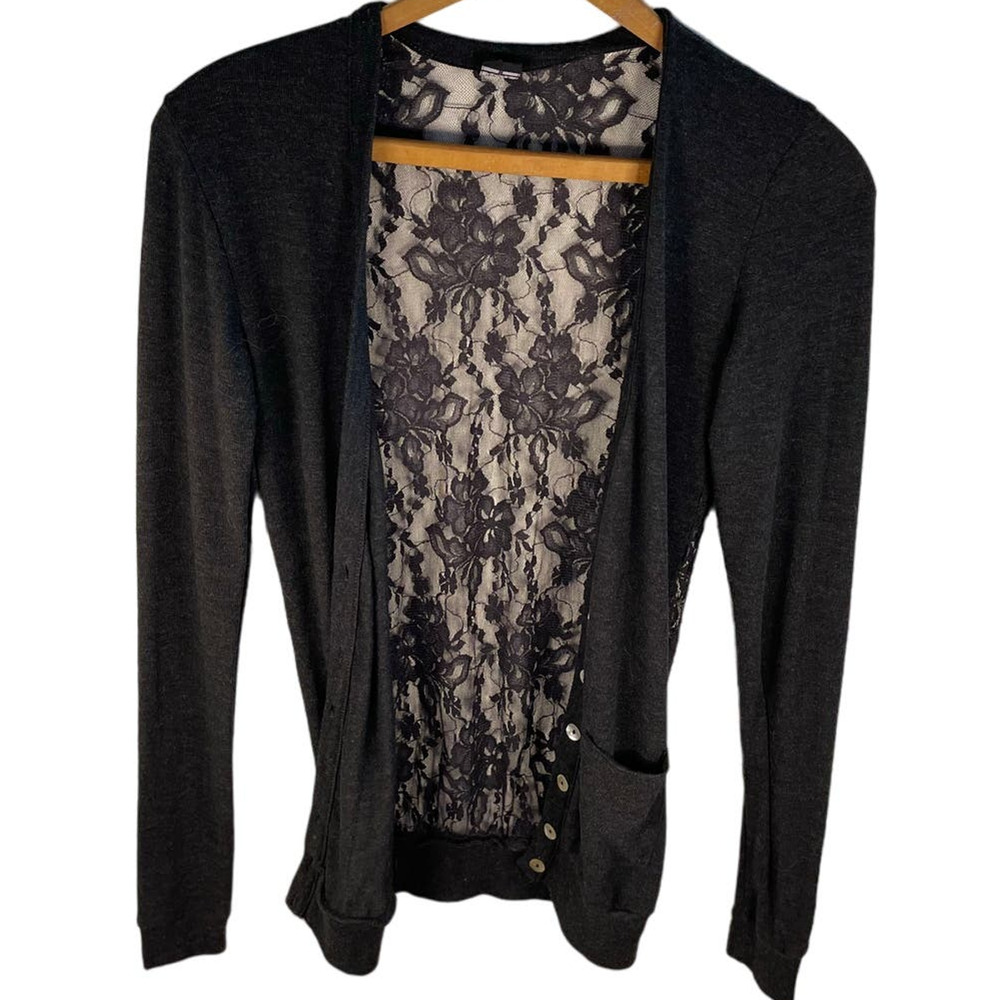 Lace Back Boho Grey Cardigan With Pockets Poof M Whimsygoth Fairy Cottage Work
